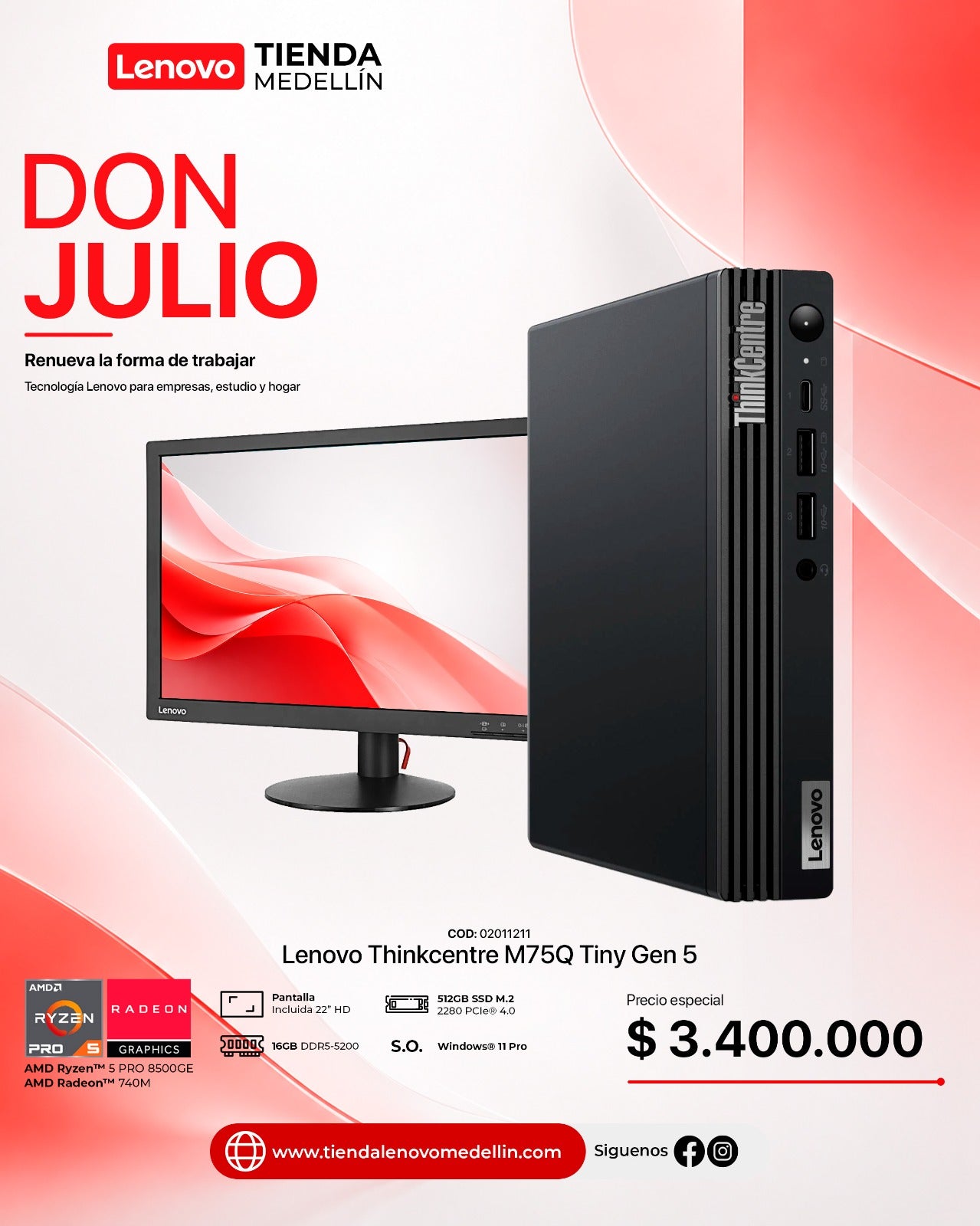 Computador Lenovo ThinkCentre M75q Gen5 Tiny Ryzen 5 Pro 8500GE