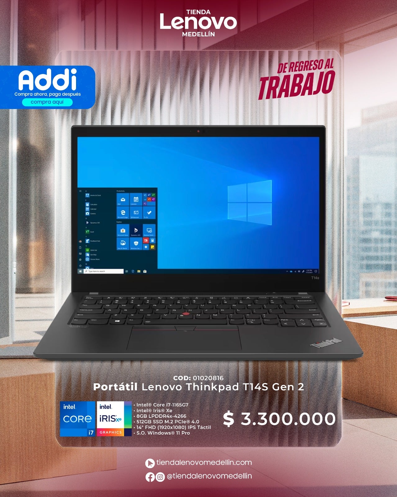 Portátil Lenovo ThinkPad T14s Gen2 CI7 1165G7