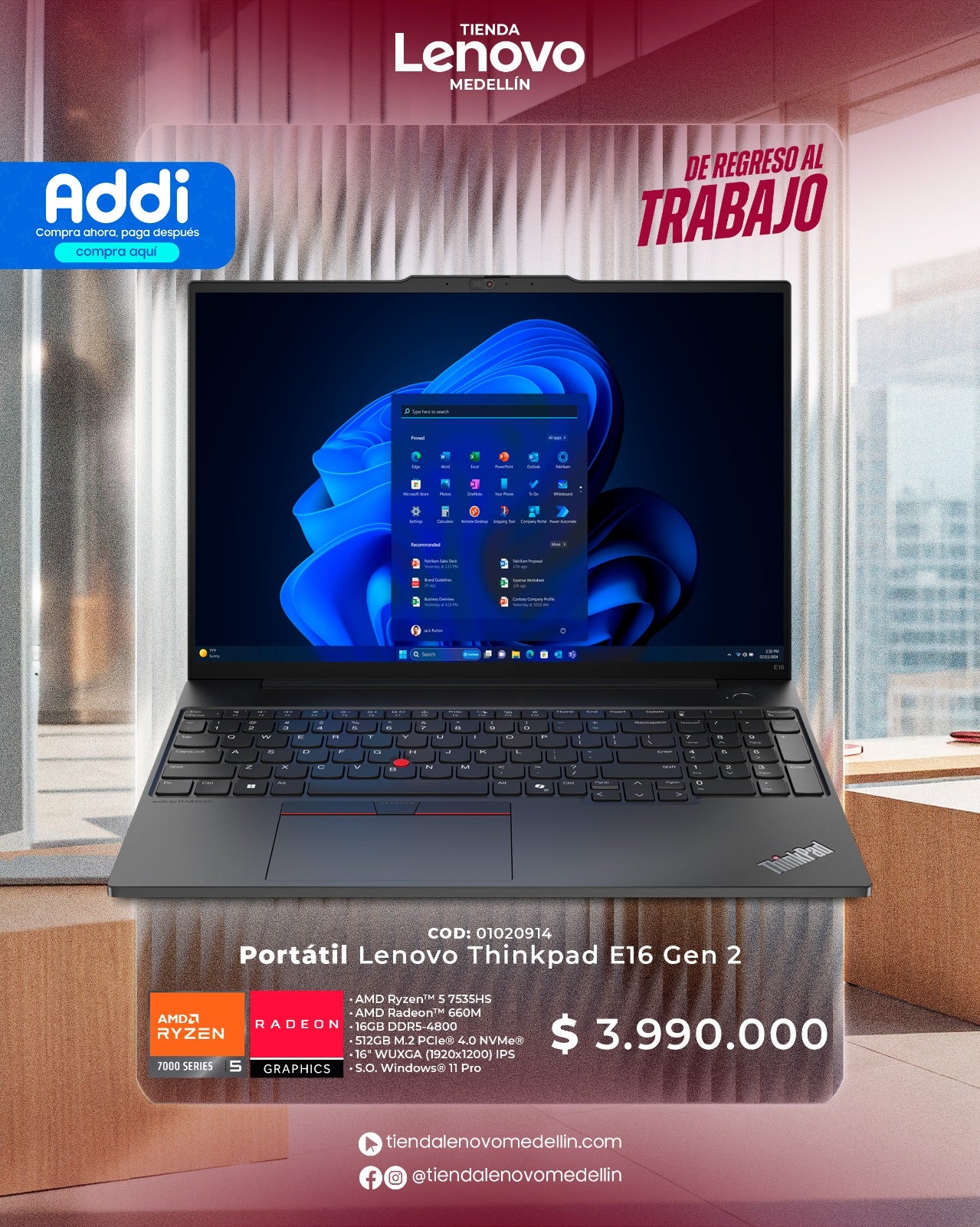 Portátil Lenovo ThinkPad E16 Gen2 Ryzen 5 7535HS