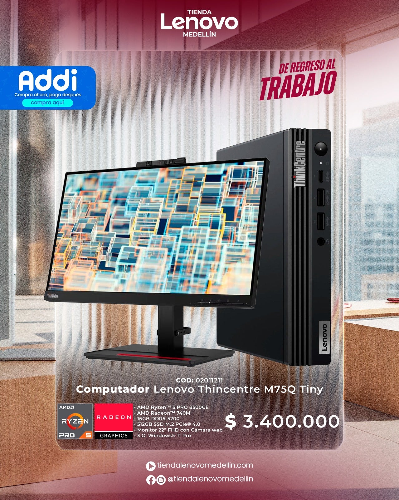 Computador Lenovo ThinkCentre M75q Gen5 Tiny Ryzen 5 Pro 8500GE