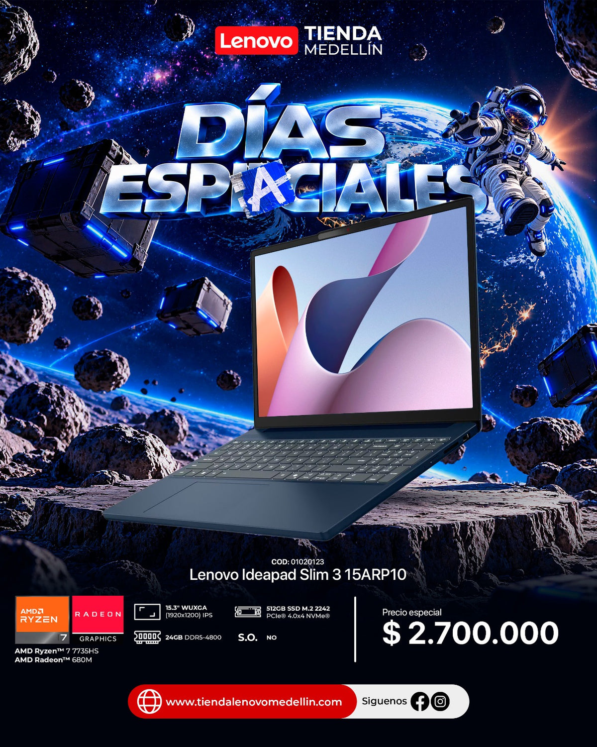 Portátil Lenovo IdeaPad Slim 3 15ARP10 Ryzen 7 7735HS