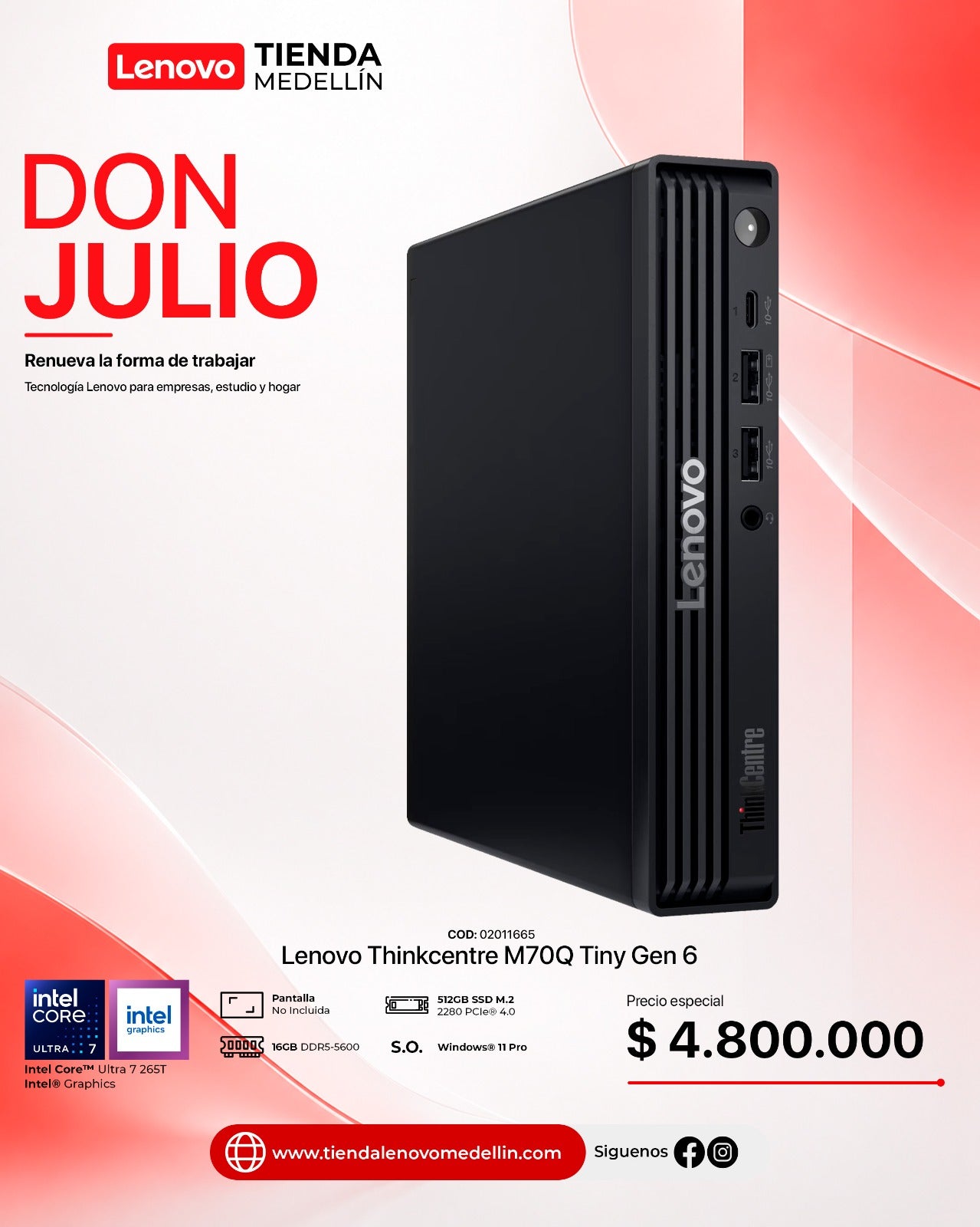 Computador Lenovo ThinkCentre M70q Gen 6 Tiny Ultra 7 265T