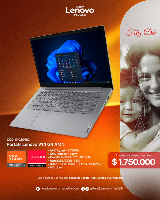 Portátil Lenovo V14 Gen4 AMN Ryzen 5 7520U