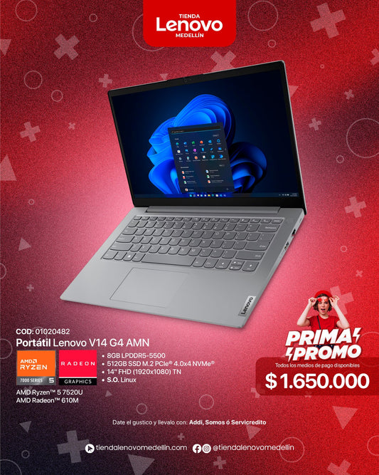 Portátil Lenovo V14 Gen4 AMN Ryzen 5 7520U