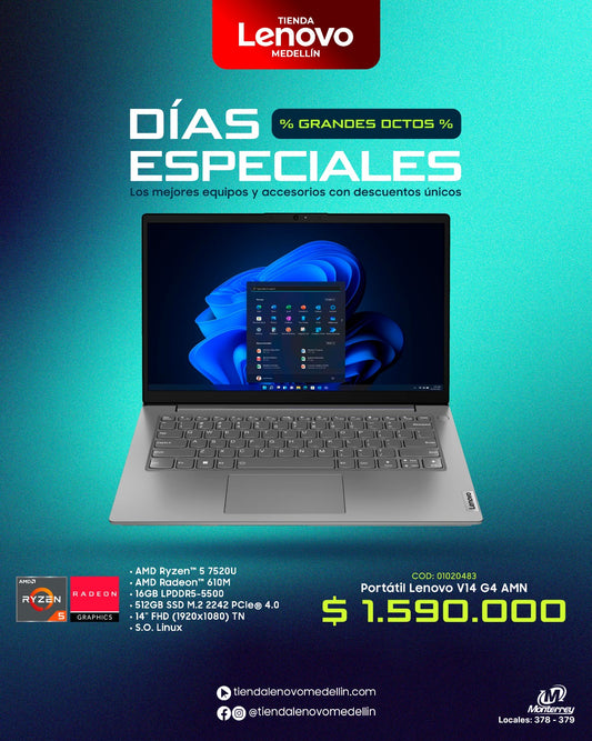 Portátil Lenovo V14 Gen4 AMN Ryzen 5 7520U