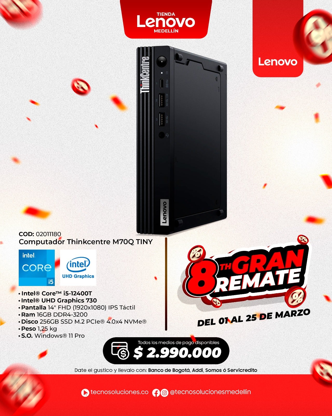 Computador Lenovo ThinkCentre M70q Gen3 Tiny CI5 12400T