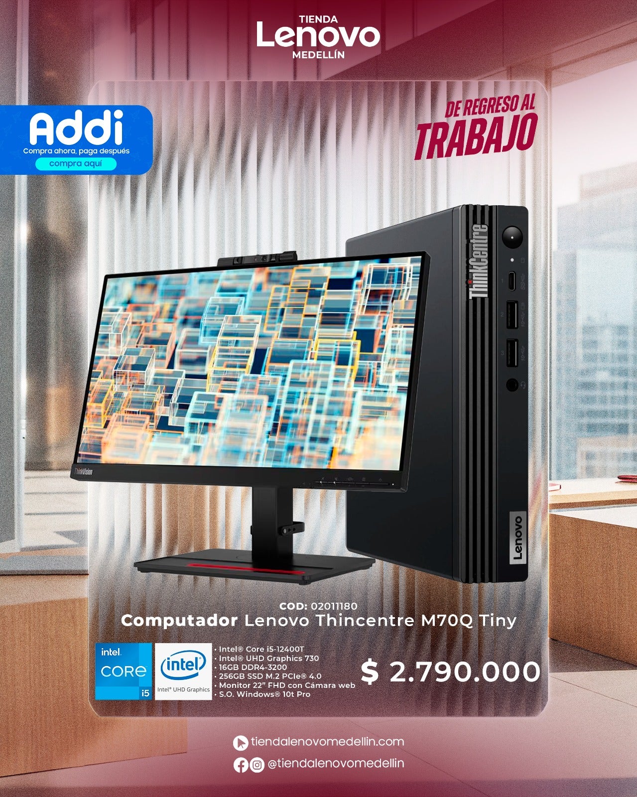 Computador Lenovo ThinkCentre M70q Gen3 Tiny CI5 12400T