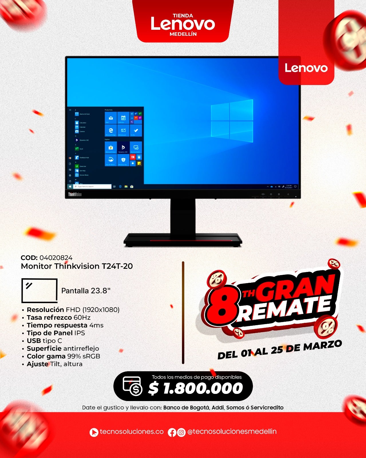 Monitor Lenovo ThinkVision T24T-20 23.8 FHD TOUCH