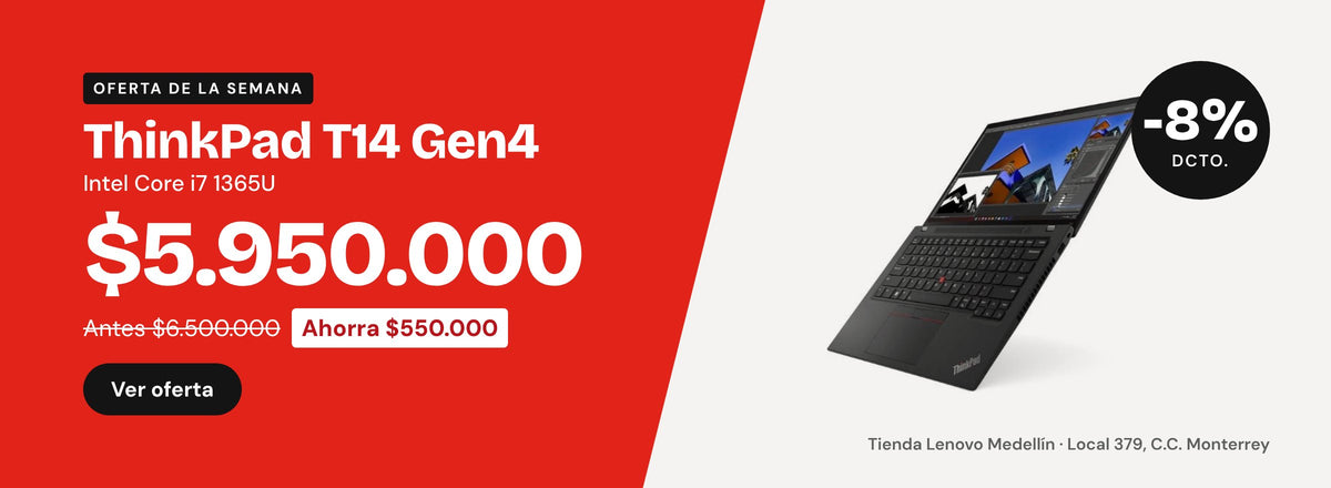 Oferta: portátil Lenovo ThinkPad T14 Gen4 Core i7 a $5.950.000, antes $6.500.000. Ahorra $550.000