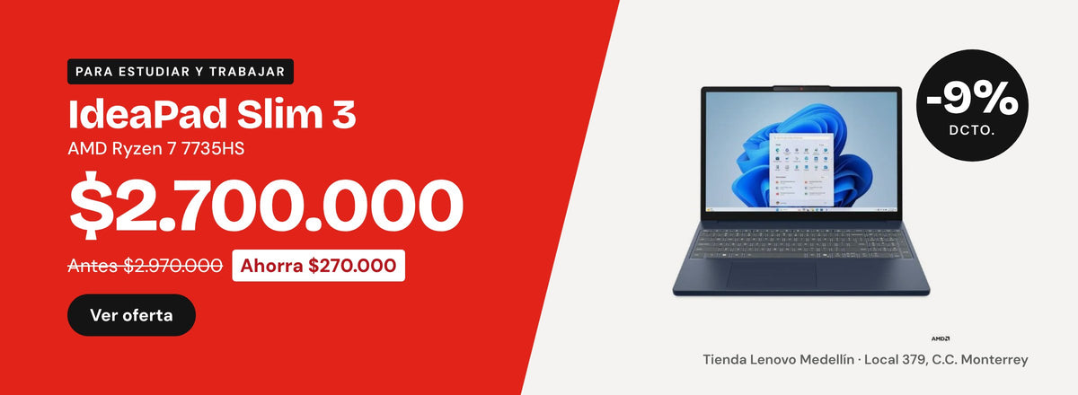 Oferta: portátil Lenovo IdeaPad Slim 3 Ryzen 7 a $2.700.000, antes $2.970.000. Ahorra $270.000